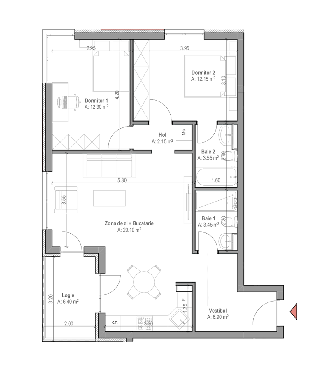 Planul arhitectural al apartamentului cu trei camere din Arad